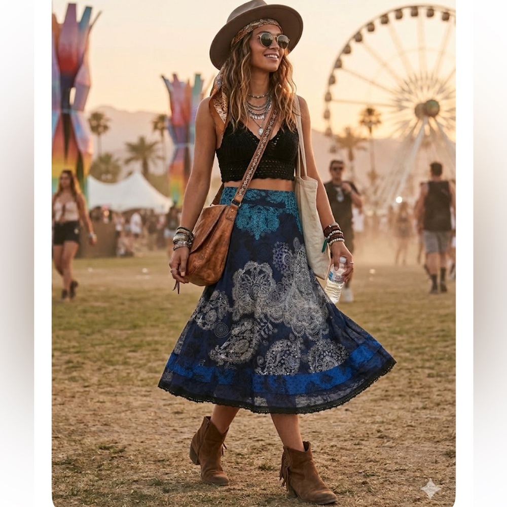 Desigual Boho Mesh Lace Overlay Midi Skirt - Blue/Black Paisley - Size Small